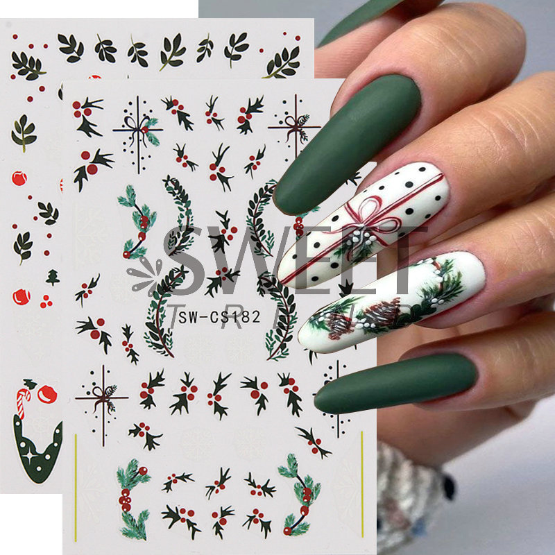 Cross-border New Christmas Nail Art Stickers Ins Christmas Leaves Red Bean Scarf Elk Bow Nail Patch