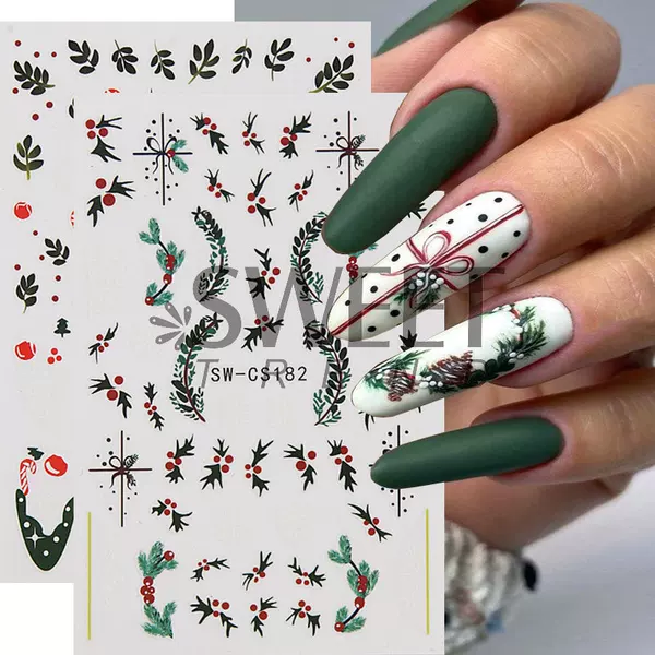 Cross-border New Christmas Nail Art Stickers Ins Christmas Leaves Red Bean Scarf Elk Bow Nail Patch