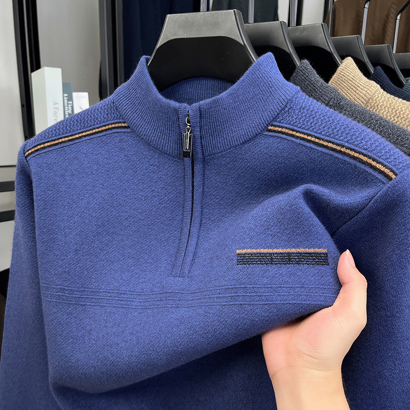 Mall Same Style Men's Zip-Up Sweater, Half-Turtleneck, Thickened, Middle-Aged and Elderly Pullover, Winter Dad's Knit Base Layer