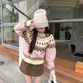 复古费尔岛圆领针织衫女装冬季软糯加厚宽松长袖套头毛衣女套头款