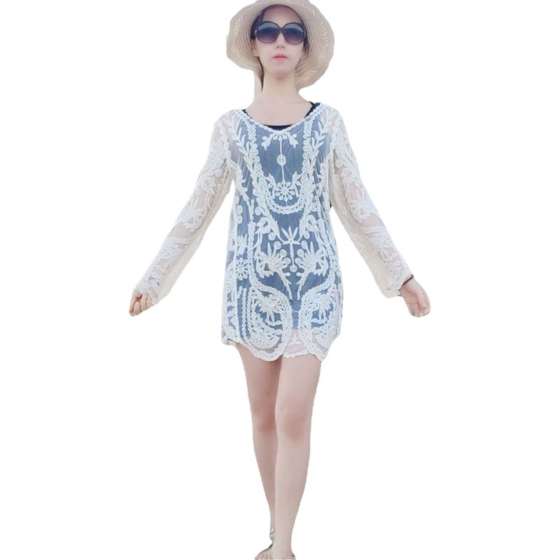 Европейская и американская пляжная Солнцезащитная рубашка Бикини блузка Полый кружевной топ с вышивкой Летний Приморский отпуск Повседневная одежда