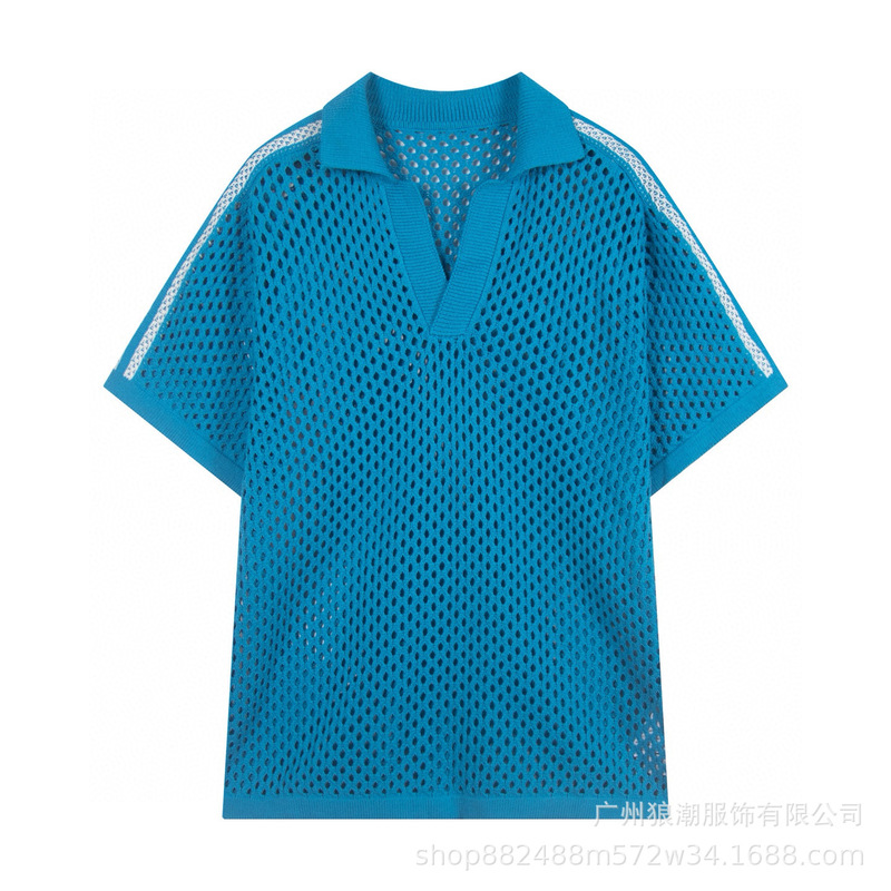 时尚美式薄款镂空三条杠上衣男士2025简约纯色休闲透气百搭针织衫|undefined