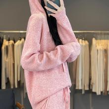 元宝针时尚纯羊毛套装纯色连帽阔腿裤显高显瘦洋气针织衫冬潮帽衫