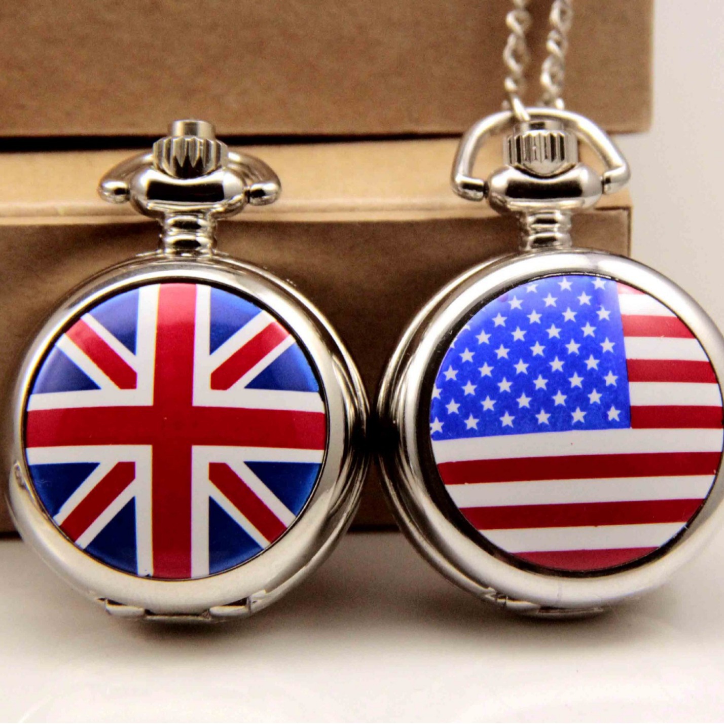White Steel Enamel Small Pocket Watch Decorative Pendant List Necklace List British Flag American Flag Enamel Watch