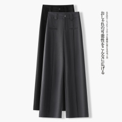 女性用のハイエンドグレーワイドレッグパンツ、2025年春秋の新しいハイウエストルーズドレープスリムカジュアルフロアレングスストレートパンツ