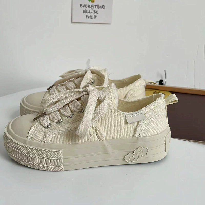 2023 spring and summer canvas shoes for women ulzzang lace-up tassels Korean version all-match casual shoes ins Hong Kong style skateboard shoes