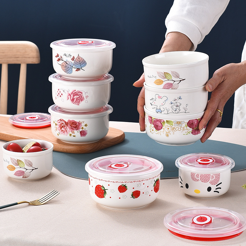 Caja de almuerzo redonda de cerámica, cuenco de preservación, cuenco de microondas, cuenco sellado, cuenco de regalo abierto con tapa, cuenco de fideos, microondas