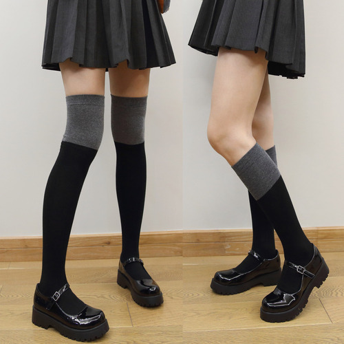 Women's Autumn/Winter Color Block Socks, Plain Color Mid-Calf Black and Grey Striped Over-the-Knee Semi-Calf Fashion Socks