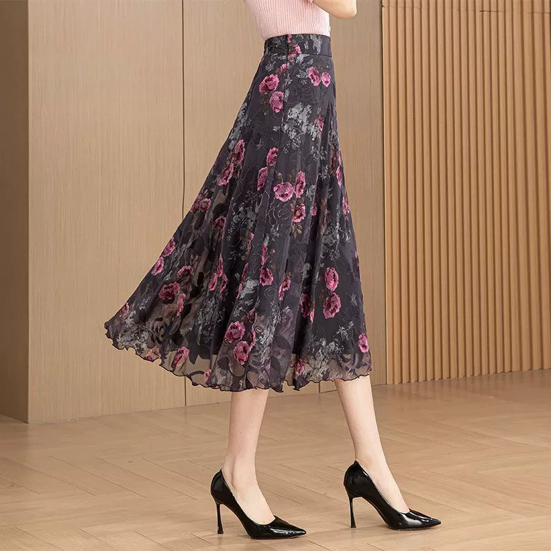 2025 новая летняя шифоновая юбка с вырезами для женщин, универсальная юбка средней длины, высокая талия, большой размер, стройнящая, большая юбка для танцев.