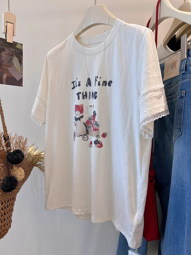 Super Beautiful Lace Sleeves! Korean Simple Casual Strawberry Print Cartoon Youthful Versatile Slimming Short-Sleeve T-Shirt for Women