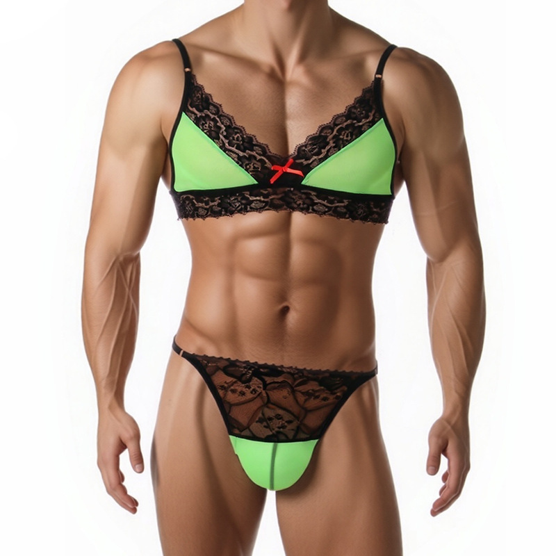 Men's Fine Mesh Bra Thong Set Bikini Sexy Lace Underwear Adjustable Multi-Color