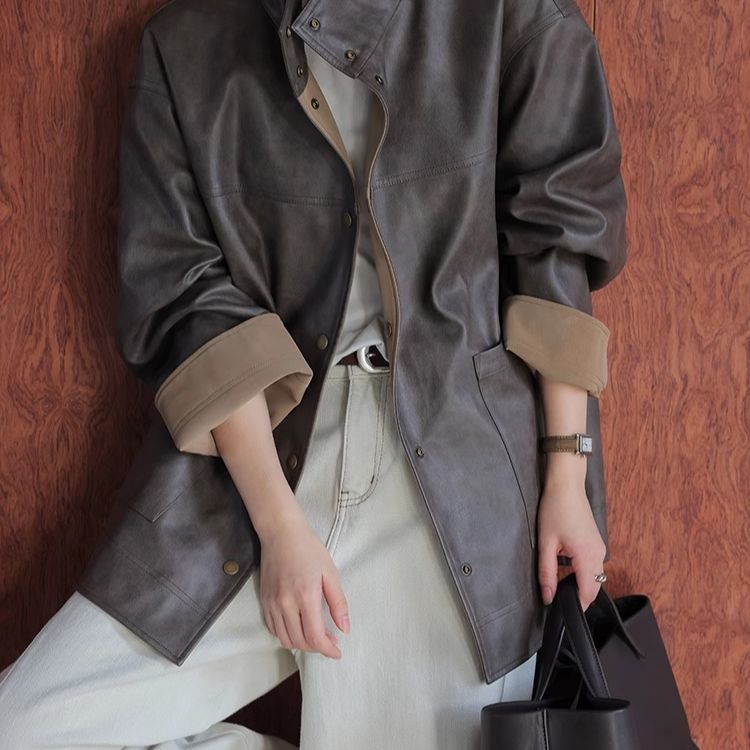 Brown Single-Breasted Reversible Leather Jacket for Women Early Spring Loose Casual Top