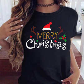 圣诞节快乐圣诞树圣诞老人大码打底衫简约字母休闲白t短袖女
