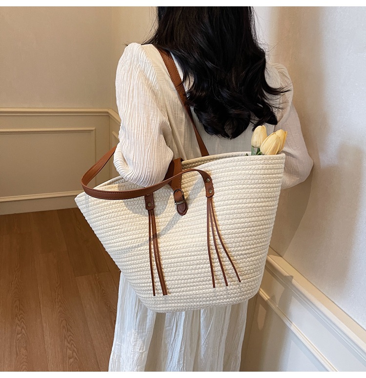 1125g Weight Weave Fashion Element Lock clasp Closure Type Double Shoulder Straps Strap Type Straw Bag Bags Type Casual Occasion cotton rope Material Solid Color Pattern Spring&Summer Season Women's Gender Beach Style Bucket Shape Large Size Women's Large Cotton Rope Solid Color Beach Weave Bucket Lock Clasp Straw Bag 12