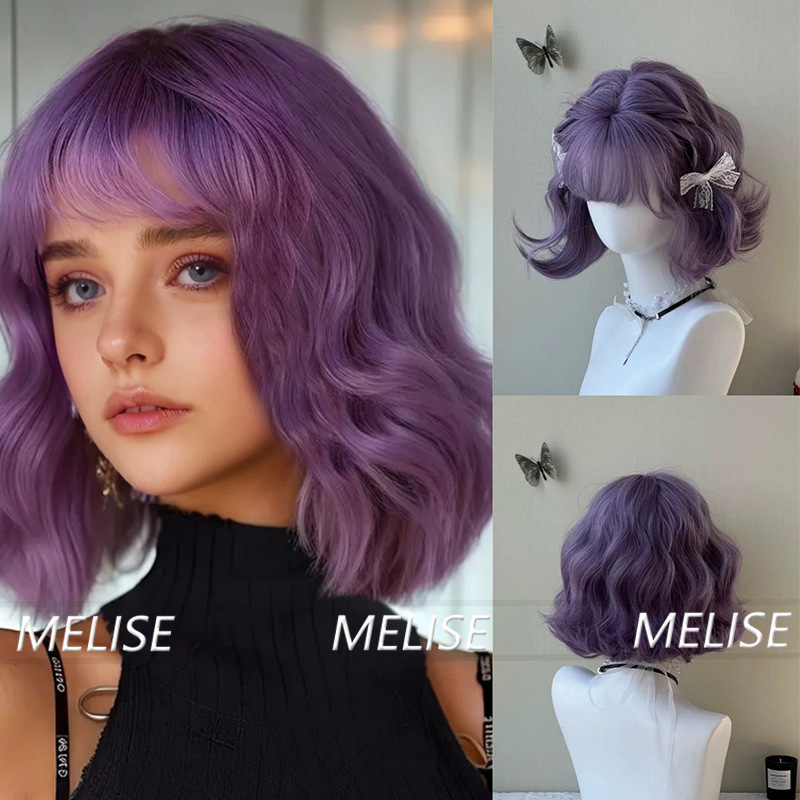 Wig women's purple neat bangs short curly hair simulation scalp natural beautiful rose net full head wig wigs