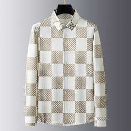 欧美潮牌春秋几何图案格子印花商务休闲防皱免烫修身长袖衬衫男士