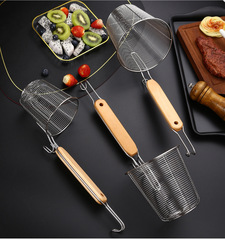Stainless steel powder fence colander, household kitchen frying wooden handle line colander, commercial Malatang filter wholesale