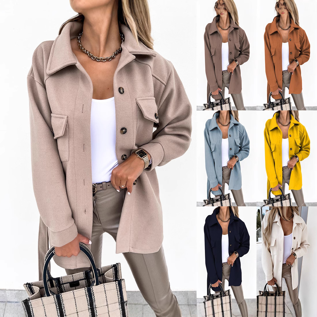 2025 Amazon Autumn and Winter Cross-Border New Women's Long-Sleeved Elegant Pure Color Lapel Button Lace-Up Woolen Jacket