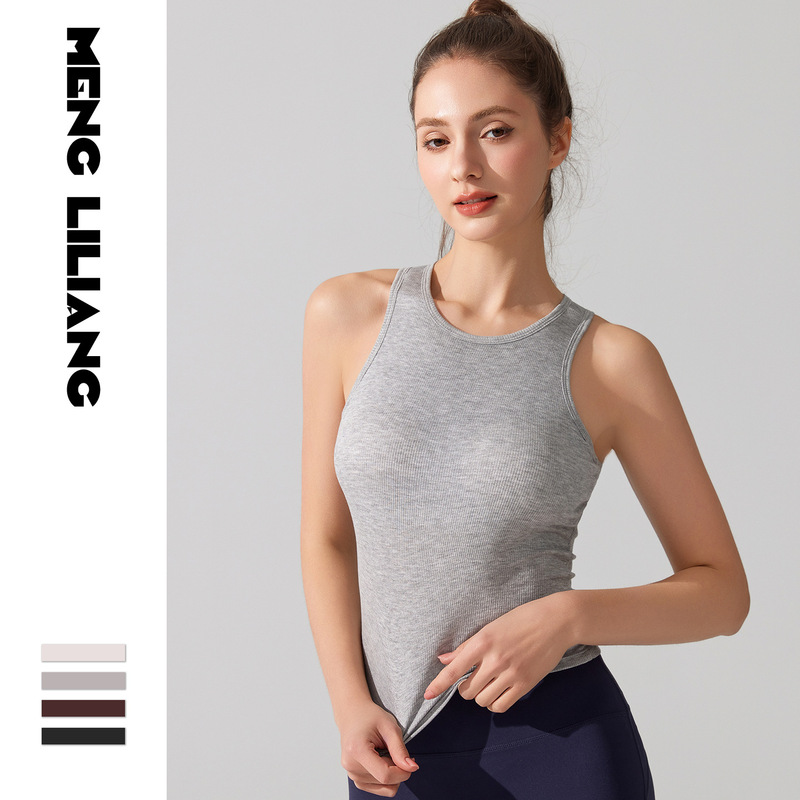 Cross-Border Ribbed Tight Yoga Sports Vest for Women Shock-Proof Running Training Fitness Sleeveless Top with Nude Feel and Chest Pad