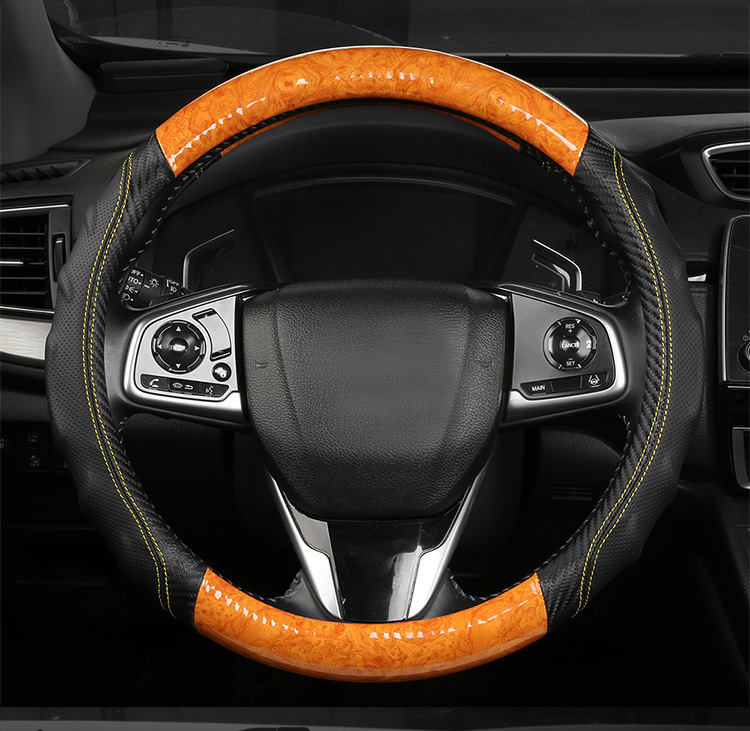 2026 New Model Peach Wood Grain Steering Wheel Cover, Universal for All Seasons, Carbon Fiber Spliced Leather Car Handle Cover, Foreign Trade Cross-Border
