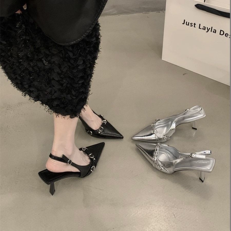 French Style Baotou High Heeled Sandals Shallow Mouth 2025 Spring New Style Rear Empty Thin Heeled Elegant Pointed Single Shoes Women's Shoes French Style Baotou High Heeled Sandals Shallow Mouth 2025 Spring New Style Rear Empty Thin Heeled Elegant Pointed Single Shoes Women's Shoes