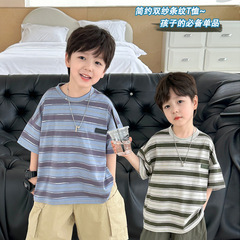 兒童帥氣T恤男童夏裝2024薄款中小童韓版條紋短袖寶寶百搭雙紗T恤