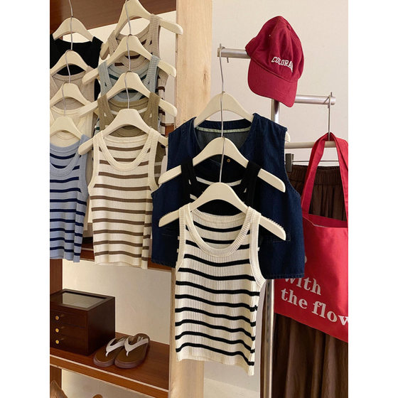 Striped Ice Silk Knitted Vest Women's Inner 2025 Summer New Short Outer Wear Slim-fit Sleeveless Base Top