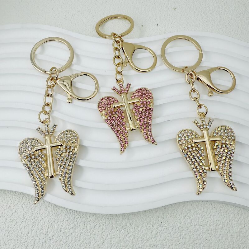 New European and American Hot-Selling Jewelry Accessories Alloy Rhinestone Wings Cross Car Keychain Women's Bag Accessories Pendant