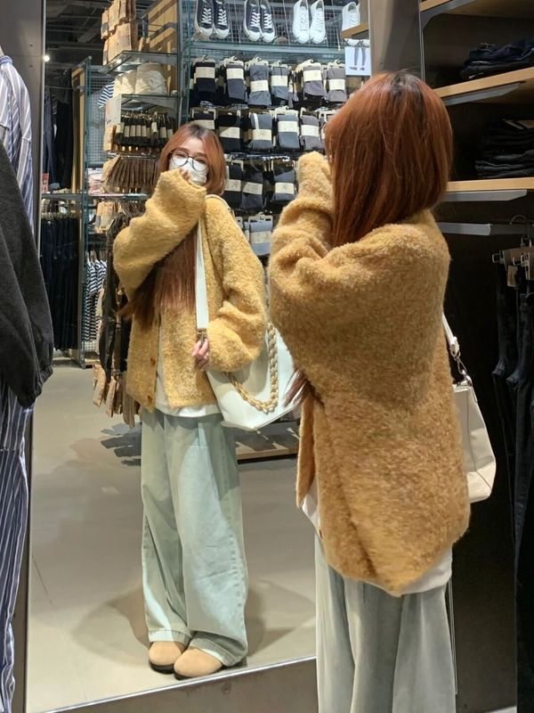 レイジースタイルソフトワックス状ラウンドネックイエローニットカーディガン女性のための春と秋のルーズ小森スタイルレトロセータージャケットトレンディ|undefined