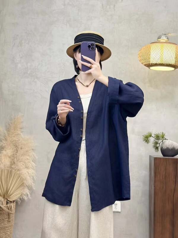 新品砂洗亚麻长袖气质V领多扣宽松中长款开衫上|undefined