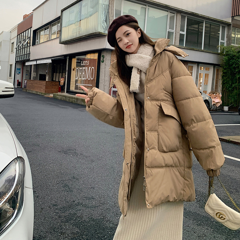 Coreana de estilo largo y medio de invierno de mujer 2023 nuevo suelto y grueso estudiantes con chaqueta negra encapuchada