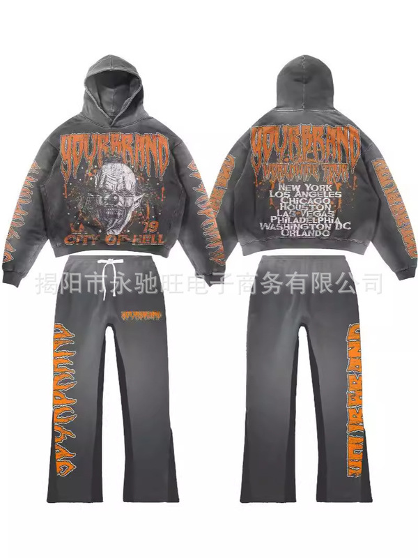 2024 manufacturers high quality straight leg bag sweater American men's printing oversized street cotton sweater sports pants suit