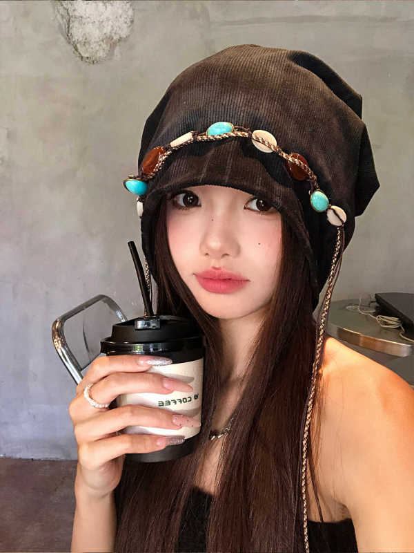 帽子秋冬女复古波西米亚风流苏扎染包头冷帽透气百搭显脸小堆堆帽|undefined