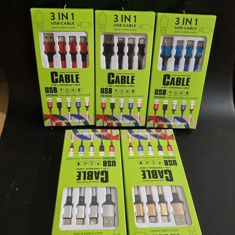 Trenzando un cable de datos de teléfono móvil de tres tiros 2A carga rápida 3 en 1 cable de carga de teléfono móvil logotipo pequeño regalo al por mayor