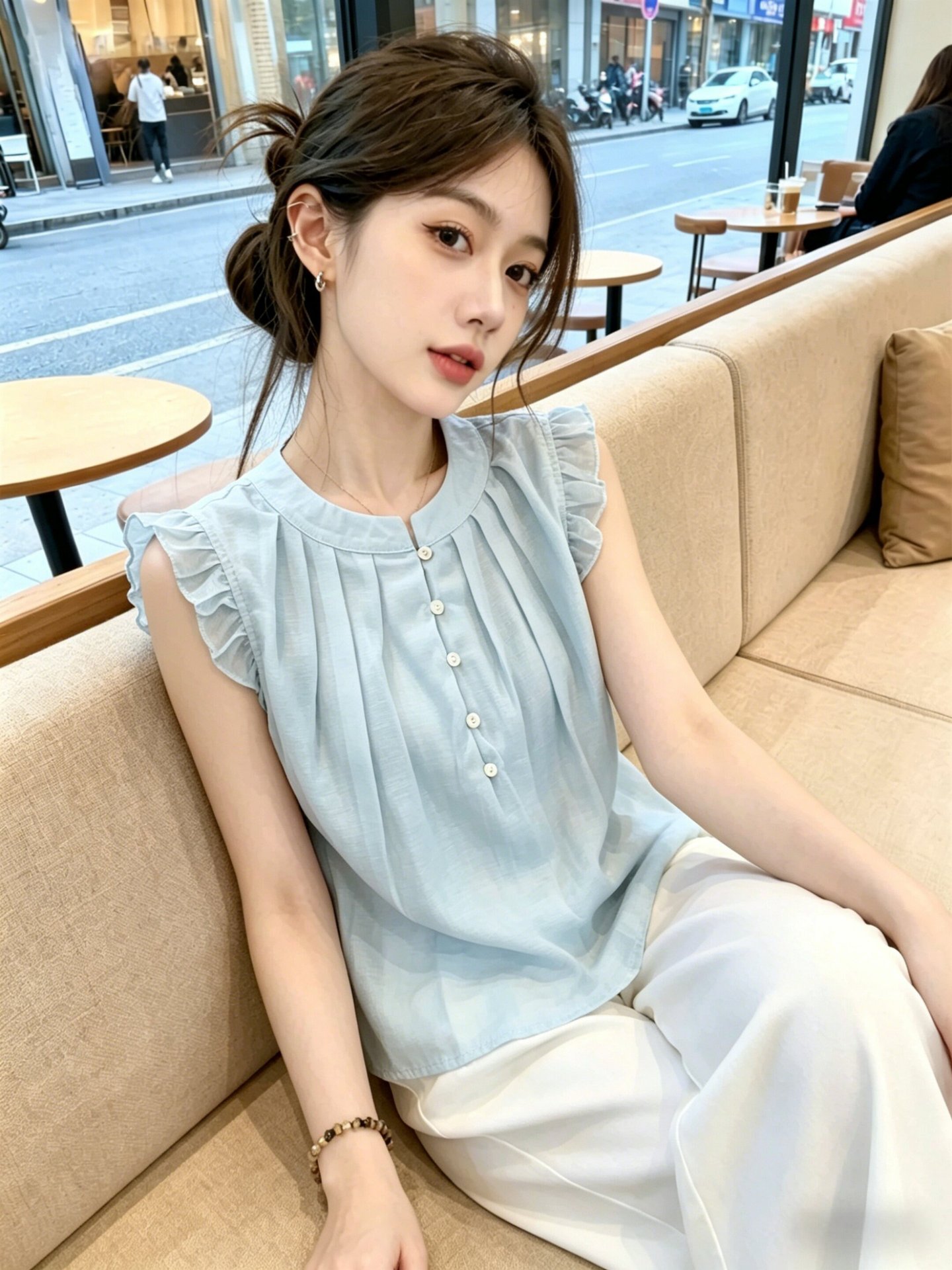 Áo sơ mi ngắn tay nữ dáng búp bê, phong cách ngọt ngào trẻ trung — xanh lam chi tiết 1