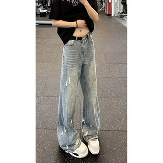 cleanfit蓝色破洞牛仔裤男款水洗做旧裤子美式高街vibe直筒阔腿裤