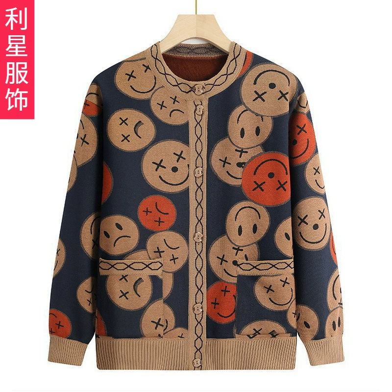 Вязаный кардиган для матери, теплая куртка, женская весна, осень и зима, короткий Свободный Топ в западном стиле для средних лет с мультяшной подкладкой на флисе