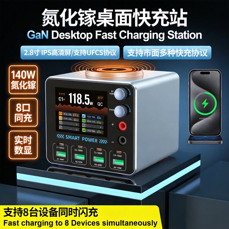New Gallium Nitride Charger with Multiple Ports for Fast Charging, Magnetic Wireless Digital Display, and Dedicated Charging Station for Testing Mobile Phones and Tablets