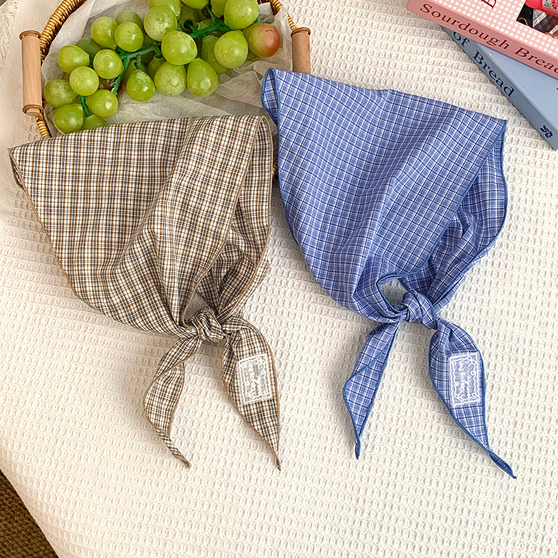 Bufanda de seda, atmósfera coreana, pañuelo a rayas a cuadros, cinturón para el cabello, decoración para el cabello, bufanda pequeña, bufanda triangular de algodón y lino, cintura