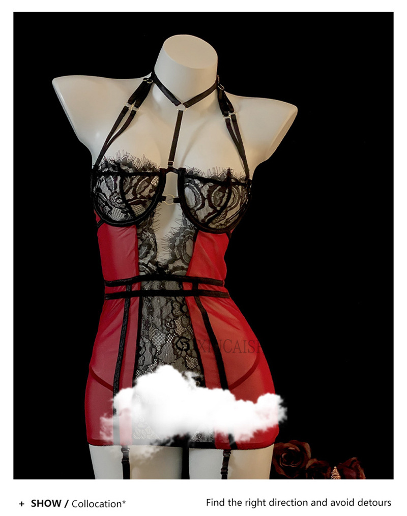Lace Halterneck Lingerie Set with Underwire, Garters and Stockings, Red Roleplay Costume — detail image 16