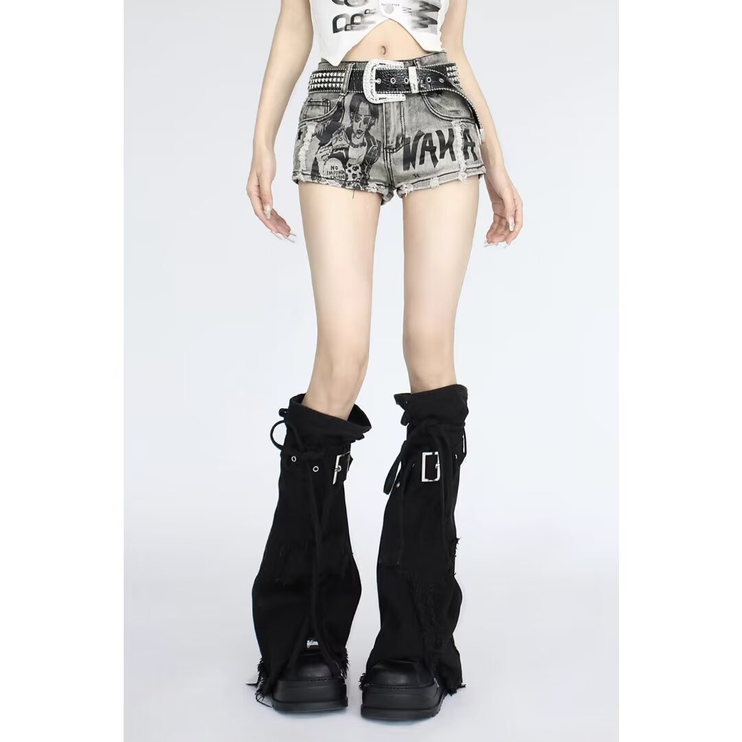 American Style Spice Girl Retro Low Waist Denim Shorts Women's Summer New Slimming Design Sense Printed High Street Casual Pants