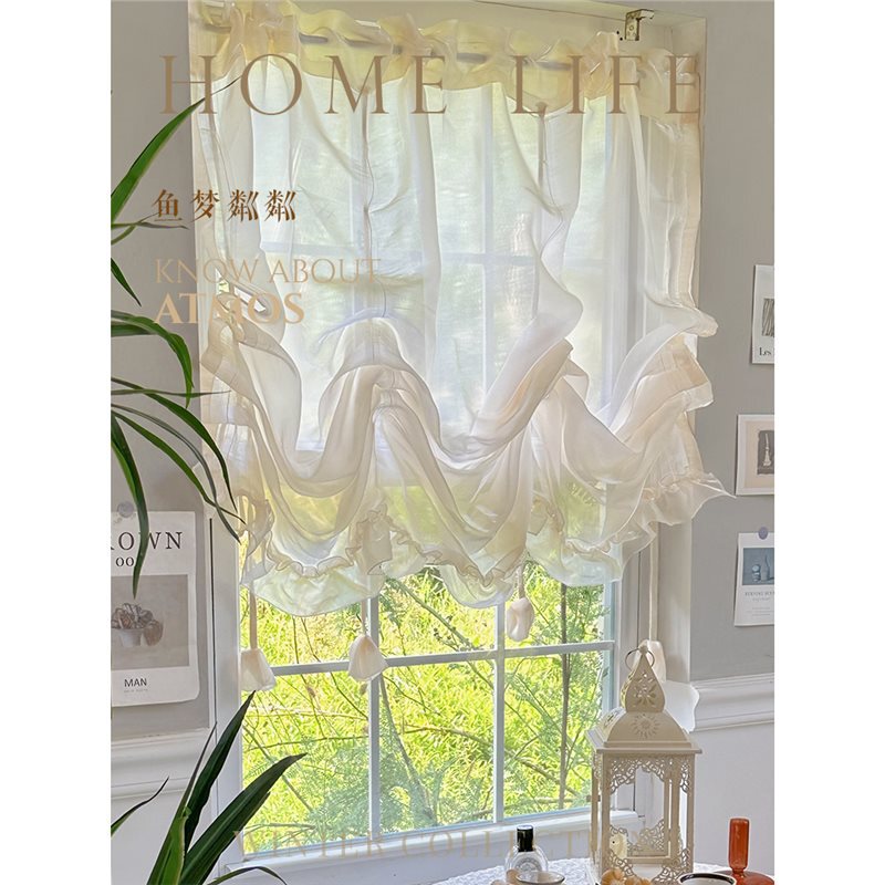 Beautiful French Lace Curtain Champagne Gold Gauze Curtain American Rome Pull Curtain Kitchen Half Curtain Water Wave Velcro