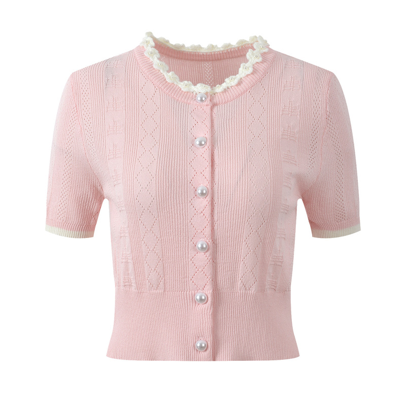 2026 Summer New Fashion Stylish Pearl Lace Collar Hollow-Out Single-Breasted Versatile Knit Short-Sleeve Cardigan Top
