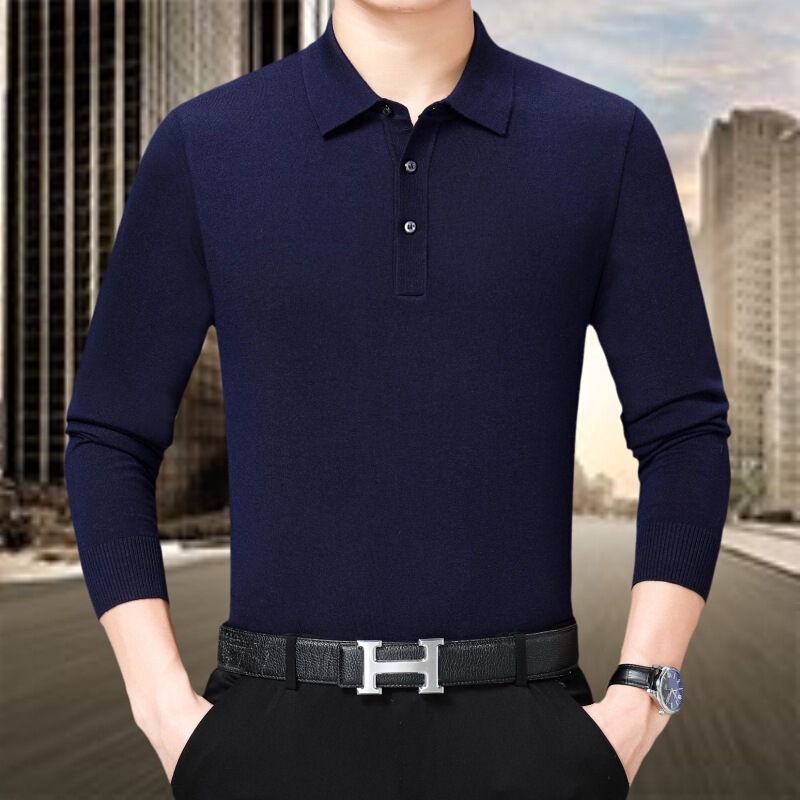 Classic Versatile Wool Long-Sleeve T-Shirt for Men 2025 Spring and Autumn High-End Polo Shirt for Middle-Aged Dads