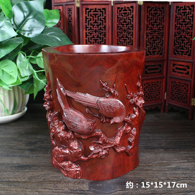 红木工艺品木雕血檀喜鹊登梅笔筒商务礼品文房四宝木质办公用品