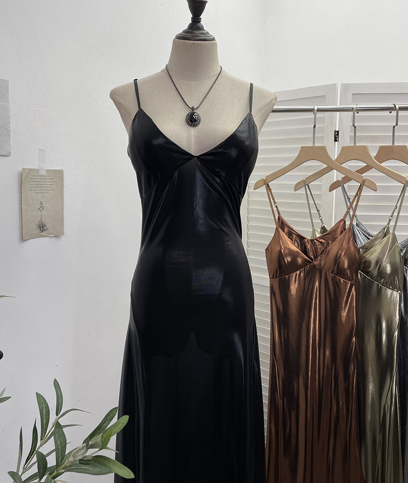 Sexy Liquid Metal Color Sling Dress with Chest Pad Dress