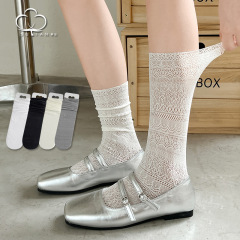 奶白色襪子女長筒襪鏤空小腿襪長襪女士堆堆襪夏季薄款芭蕾風腿襪