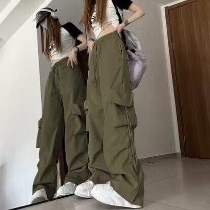 夏アメリカントレンドレトロ速乾性ワークウェアカジュアルパンツレディースハイウエストストレートリボンルーズフロアレングスワイドレッグパンツ|undefined