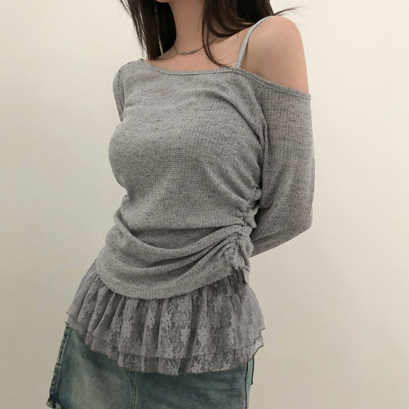 韩系甜美斜肩蕾丝拼接抽褶显瘦长袖T恤简约纯色修身日常休闲上衣|undefined
