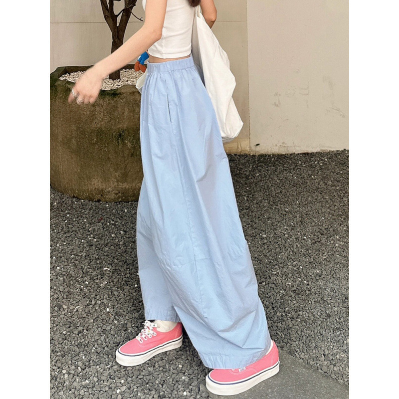 美式蓝色工装裤女夏季薄款小个子直筒宽松休闲阔腿裤遛弯裤防晒裤|undefined